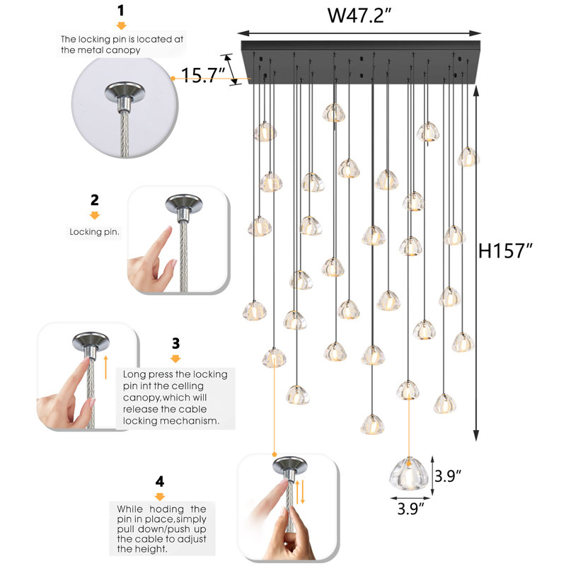 30-Light Rectangular Dimmable Crystal Led Chandelier Adjustable Long Lights, Matte Black