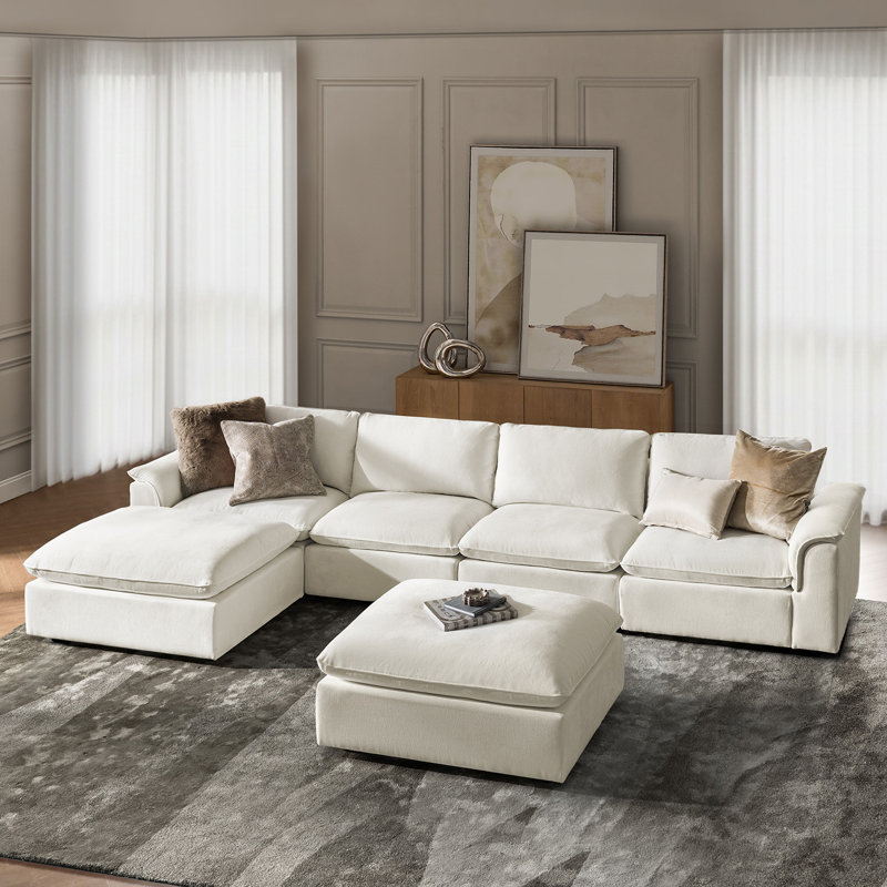 Cioffi 156"w Oversized 6 Piece Down Blend Modular Cloud Sectional Sofa with Removable Cushion Cover, Ivory