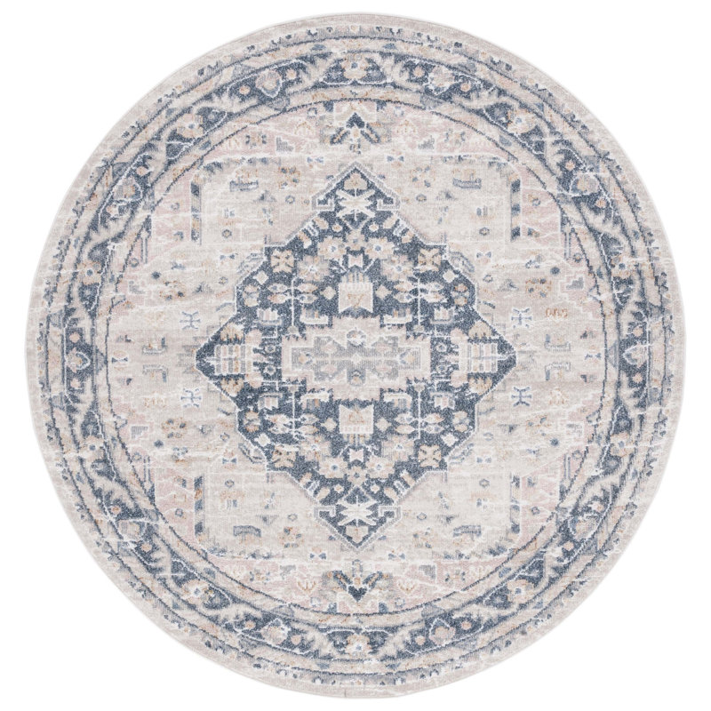Hulme Oriental Area Rug in Beige/Navy, Round 6'7"
