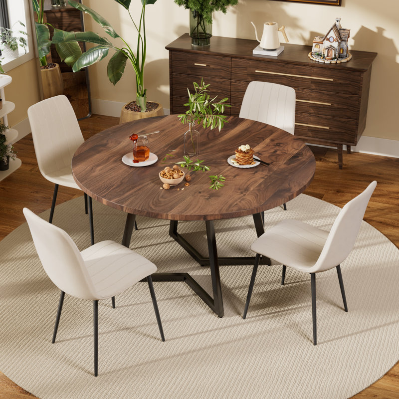 Ensemble de table de salle à manger ronde avec chaises en tissu d'ameublement en velours, 5, Noyer, Beige