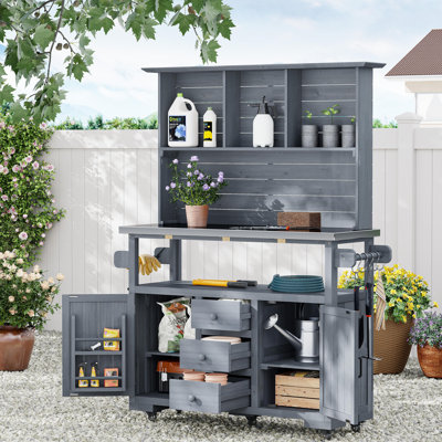 Garden Potting Bench Table, Outdoor Prep Station, Solid Wood, Stainless Steel Countertop, Farmhouse, Patio