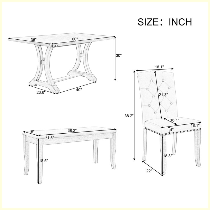 Ensemble de table de salle à manger 6 pièces avec table à tréteaux rectangulaire et 4 chaises rembourrées, Bois naturel