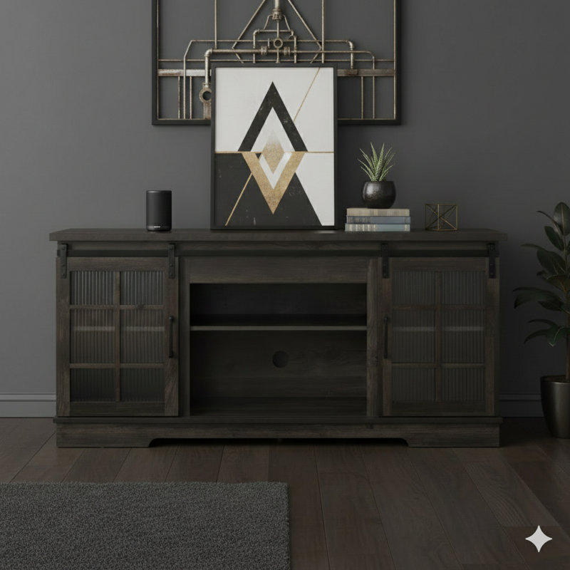 Support de rangement polyvalent pour bureau de télévision gris anthracite avec deux portes coulissantes en verre trempé cannelé et une grande armoire de rangement. Compatible avec les téléviseurs jusqu'à 65 pouces mesurant l 59,13 po x P 15,94 po x H 27,8 po.