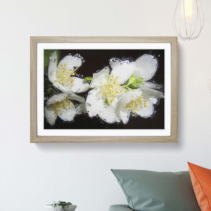White Jasmine Flowers - Picture Frame Painting Print on MDF, 48cm H x 65cm W x 2cm D, Oak Framed