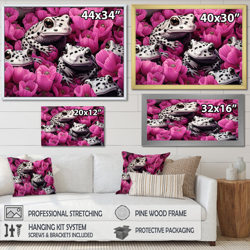 Blanc et rose Pop Art Frog I, H 34 po x l 44 po x P 1,5 po, Cadre simple noir