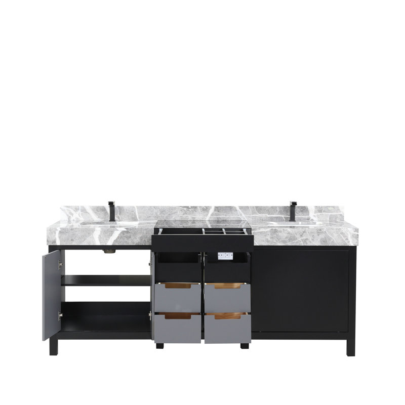 Ensemble de meuble-lavabo double avec plateau en marbre gris château et robinet en métal