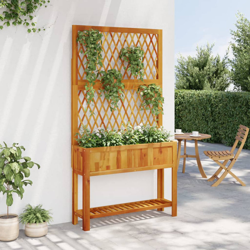Planter with Trellis and Shelf Outdoor Flower Box Solid Wood Acacia, 39.4" x 12.6" x 72.8"
