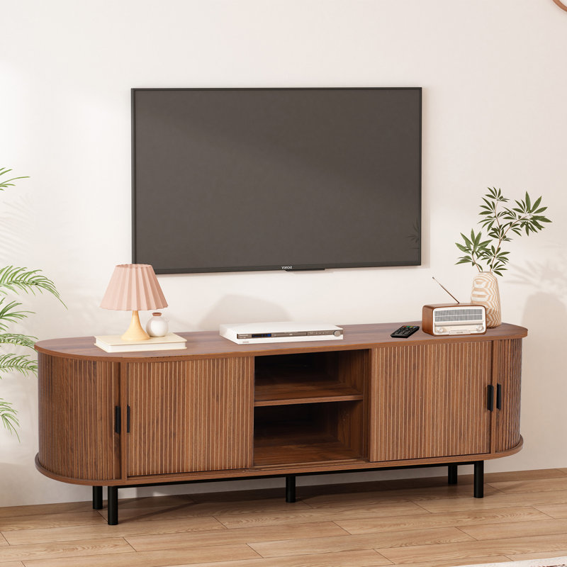 62"Mid-Century TV Stand with Sliding Door, Modern Oval Media Console, Brown