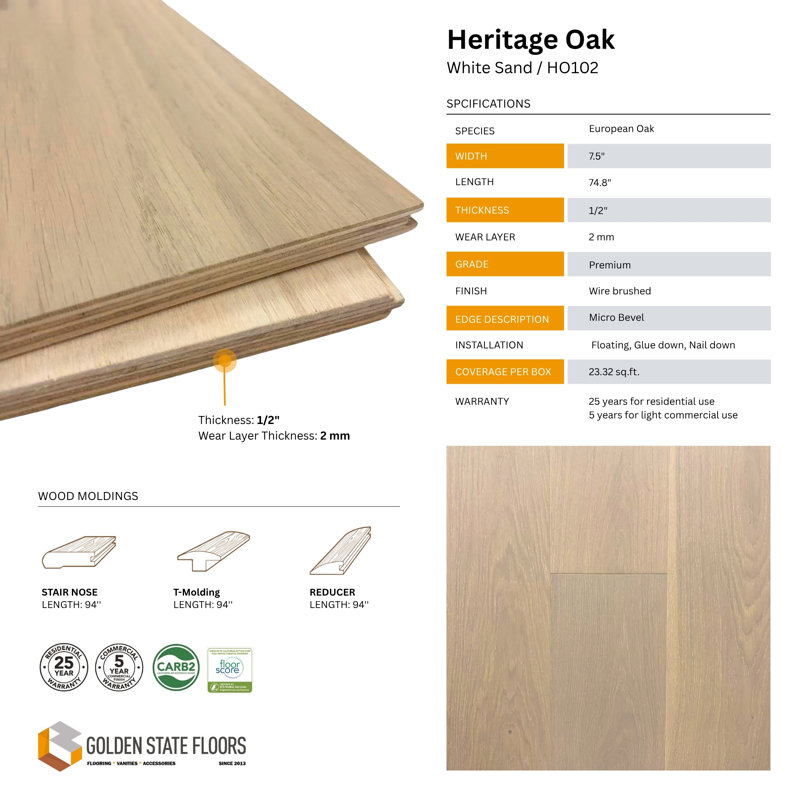 Planchers de bois franc d'ingénierie en chêne européen T 1/2 po x l 7,5 po / boîte 23,32 pi2 / boîte - Sable blanc par Golden State