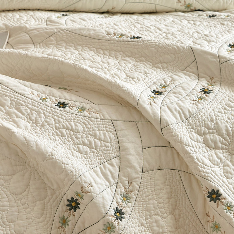 Ensemble de couvre-lit 3 pièces, Queen Quilt + 2 Shams, Ivoire vert floral