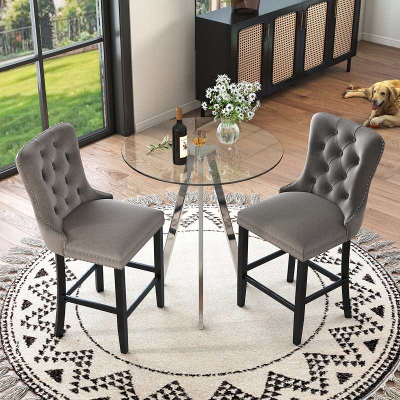 Ensemble de table de bar rond en verre trempé, ensemble de hauteur de bar, table de salle à manger ronde en verre trempé et tabourets de bar en hauteur
