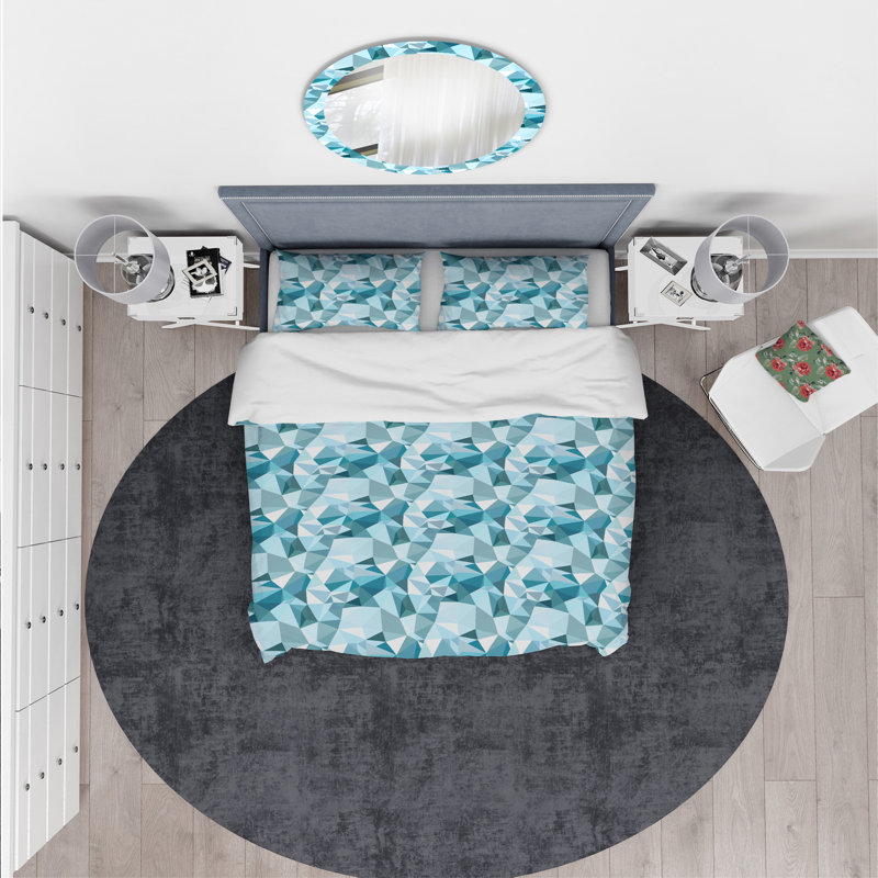 Polygonal Abstract Light Blue Geometry - Modern Abstract Duvet Cover Set - Microfiber Polyester, Queen Duvet Cover + 2 Shams
