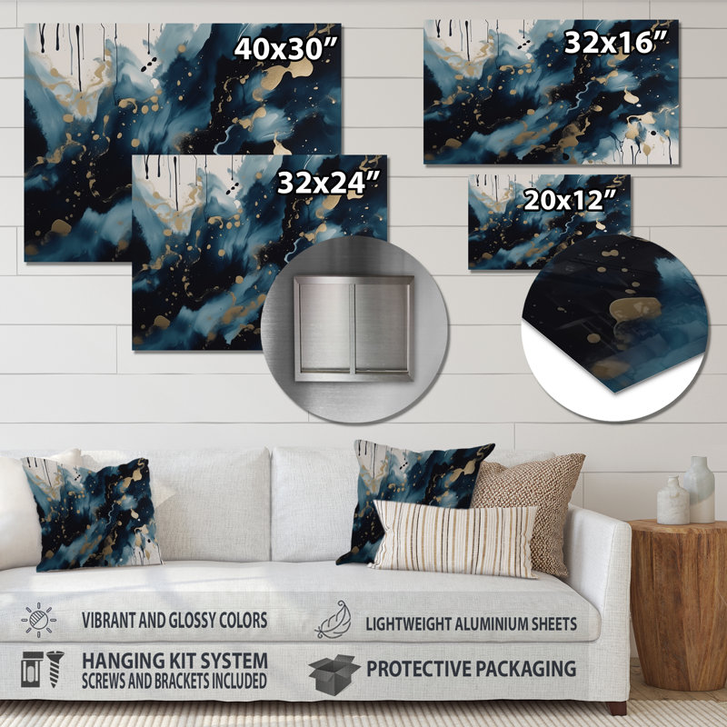 Encre liquide marbrée bleue et dorée - impression sans cadre sur métal, H 30 po x l 40 po x P 1 po