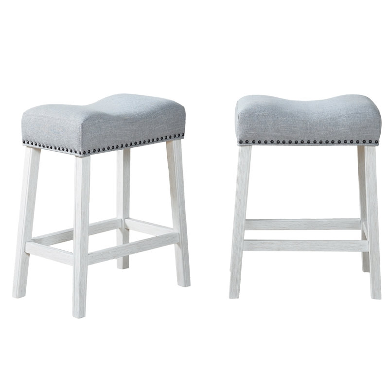 Upholstered Counter Height Stools - Saddle Seat, White-Washed Finish, Set of 2
