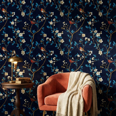 Papier peint floral oiseaux rétro