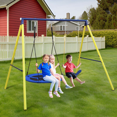 2-in-1 Kids Outdoor Swing Set with Hammock and Belt Swing, Heavy Duty Metal Frame for Backyard