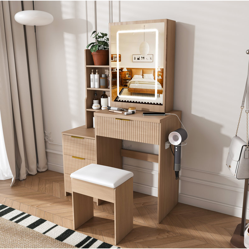 Modern Vanity Desk ,Featuring 3 Modes Of LED Lighting With Adjustable Brightness , With 4 Drawers And Multiple Open Storage Shelves, With A Hair Dryer Holder And Power Socket, A Dressing Chair.