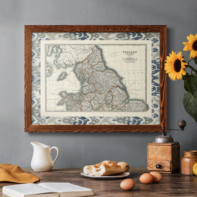 Border Map of England & Wales, reproduction d'art sur toile, Cadre érable, H 14 po x l 20 po x P 1,5 po