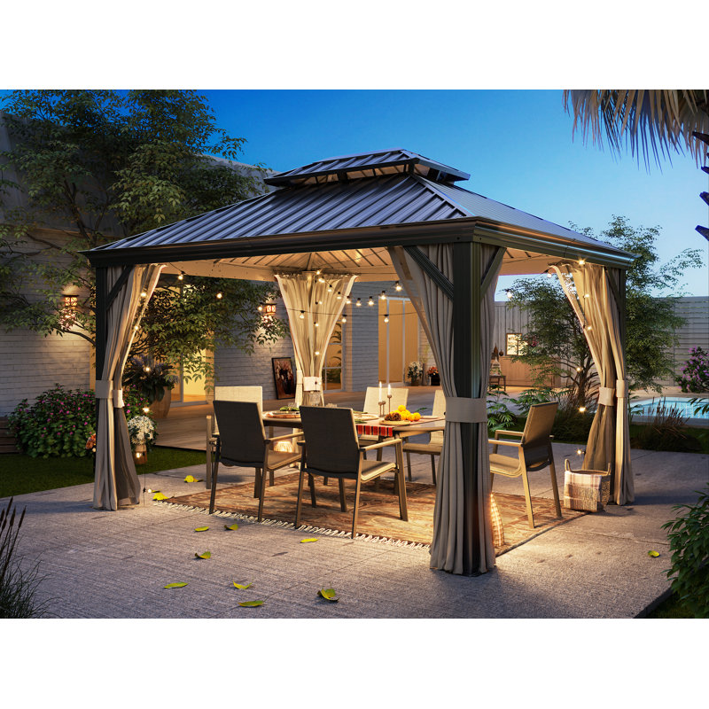 12'x16' Hardtop Gazebo Double Galvanized Steel Roof, Permanent Aluminum Frame Outdoor Pavilion with Netting & Curtain