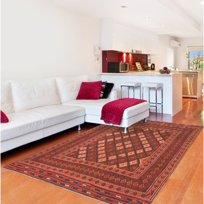 Tapis rouge foncé noué à la main de conception unique 6 pi 2 po x 8 pi 10 po Joen