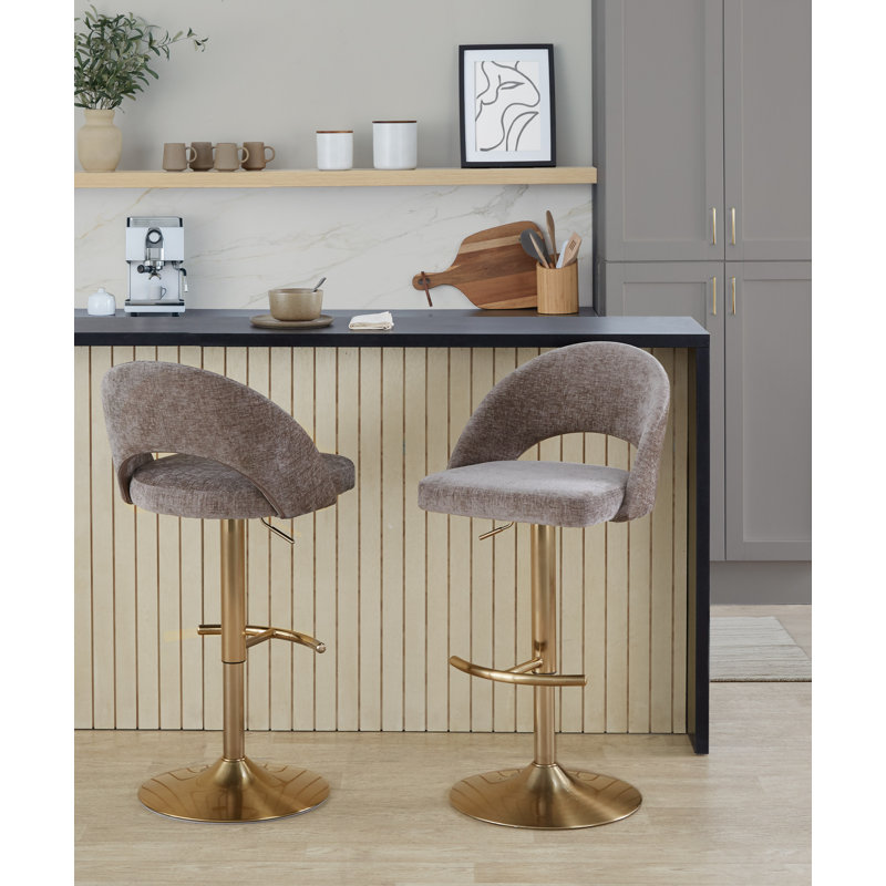 Tabouret de bar réglable Resme avec repose-pieds en T arrondi (ensemble de 2), Brun / tissu, Doré