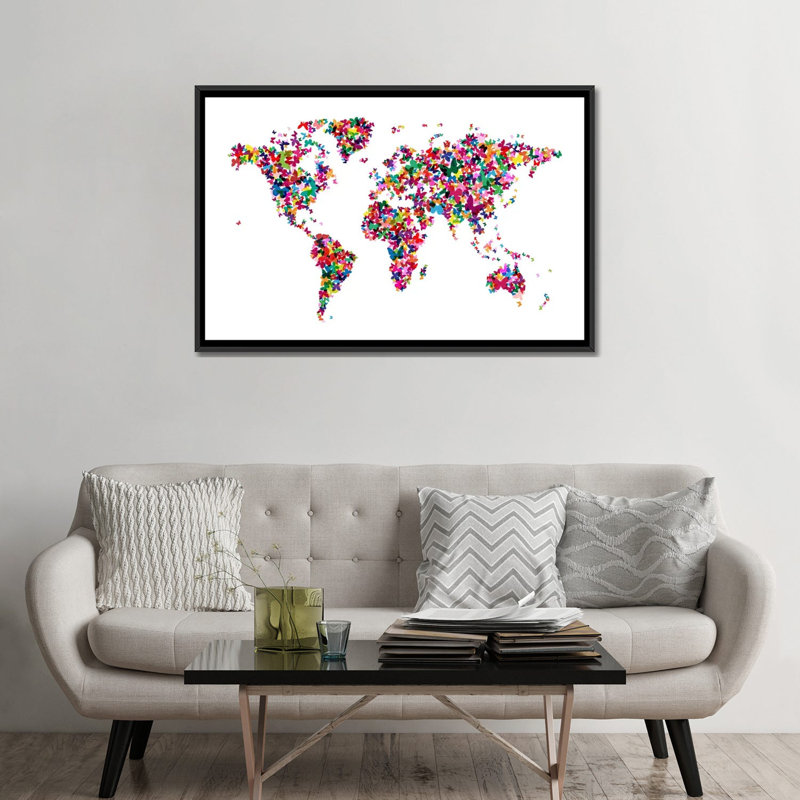 « papillons world map », impression sur toile, H 18 po x l 26 po x P 1,5 po, Toile avec cadre flottant noir, Pas de tapis