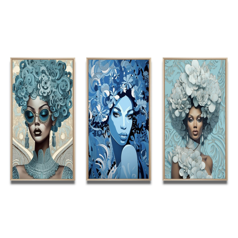 «Elegant Blue Fashion African Goddess Grace», 3 pièces sur toile, Cadre naturel flottant, H 28 po x l 36 po