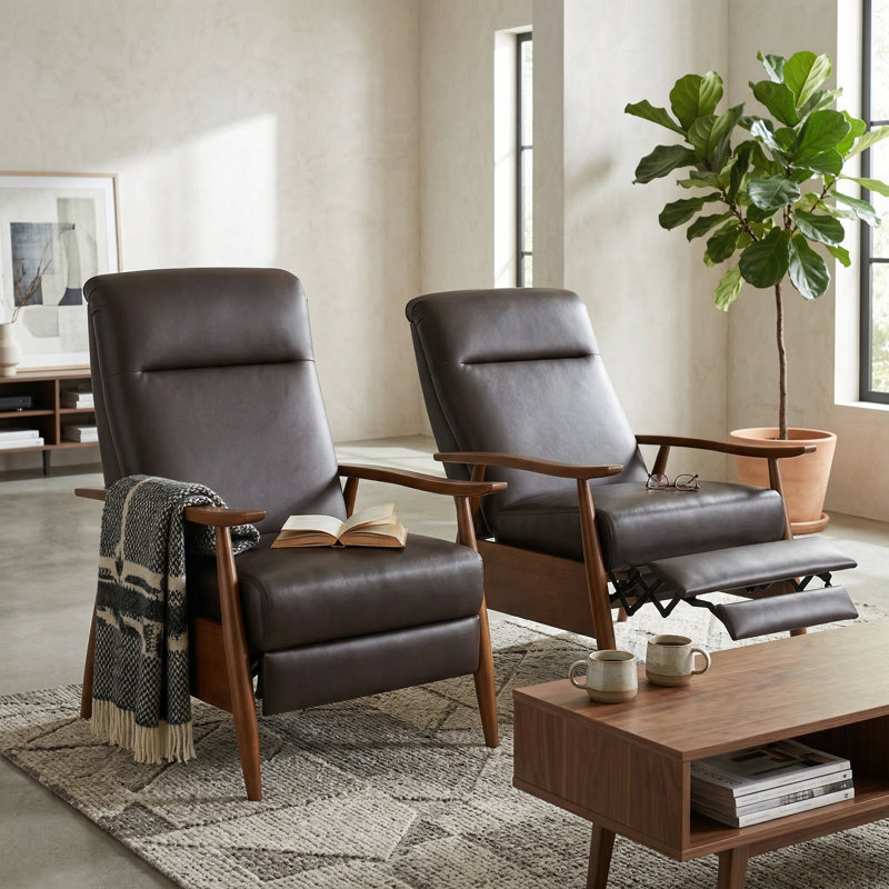 Williamsport Wood Arm Push Back Recliner - Burnished Brown - Set Of 2, Brown Faux Leather