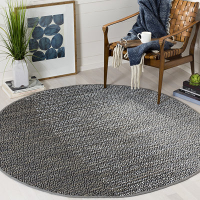 Exley Vintage Leather Hand Woven Leather/Cotton Geometric Rug in Grey
