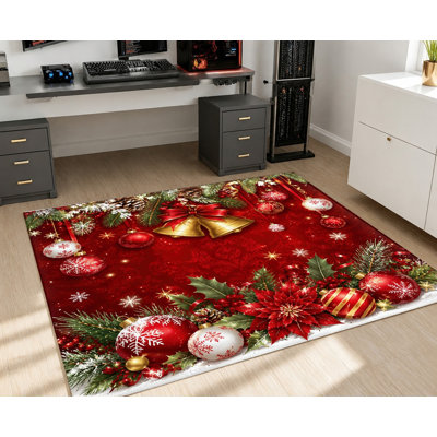 Tapis lavable à thème de Noël, motif cloches et décorations rouges, surface en velours, doux et antidérapant, décoration intérieure moderne pour salon, chambre, entrée, bureau, balcon, appartement