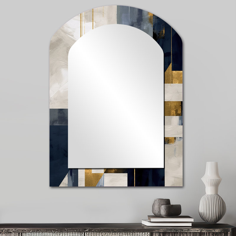 Gold Blue Shapes In Harmony - Abstract Shapes Asymmetrical Large Wall Mirror, Modern Arch Unique Mirror, Printed Metal Art