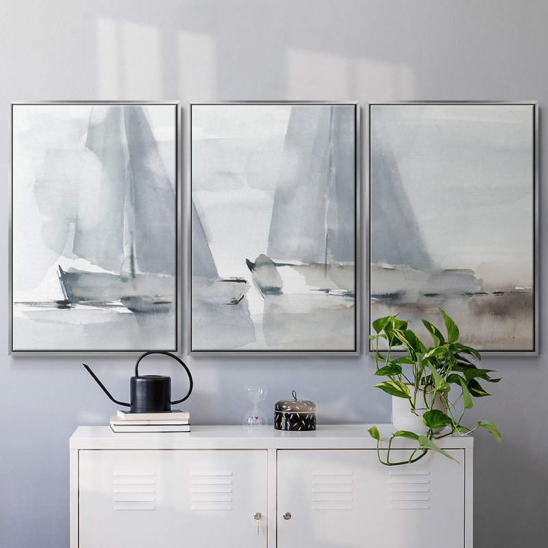 «Misty Sails I», reproduction sur toile 3 pièces, Argent, H 36 po x l 75 po x P 2 po