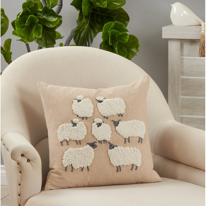 Natural Embroidered Sheep Cotton Square Throw Pillow