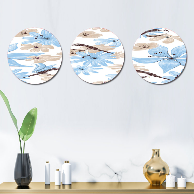 Ensemble de 3 décorations murales dessin de fleurs avec petit oiseau