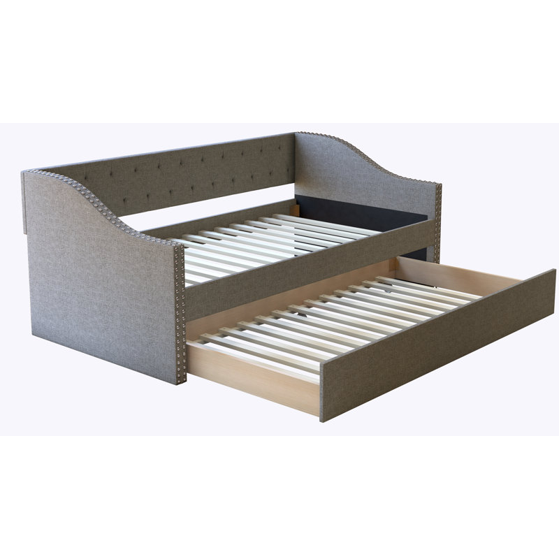 Manchester Upholstered Daybed with Pull Out Trundle, Twin Size, Tufted Backboard, , Grey Linen
