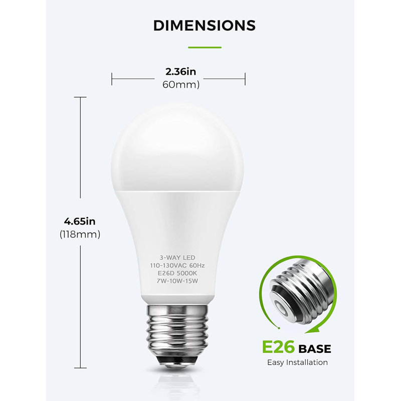 Woxeon 3-Way A19 LED Bulb, 50/100/150W Eqv, 5000K Daylight, E26 Base