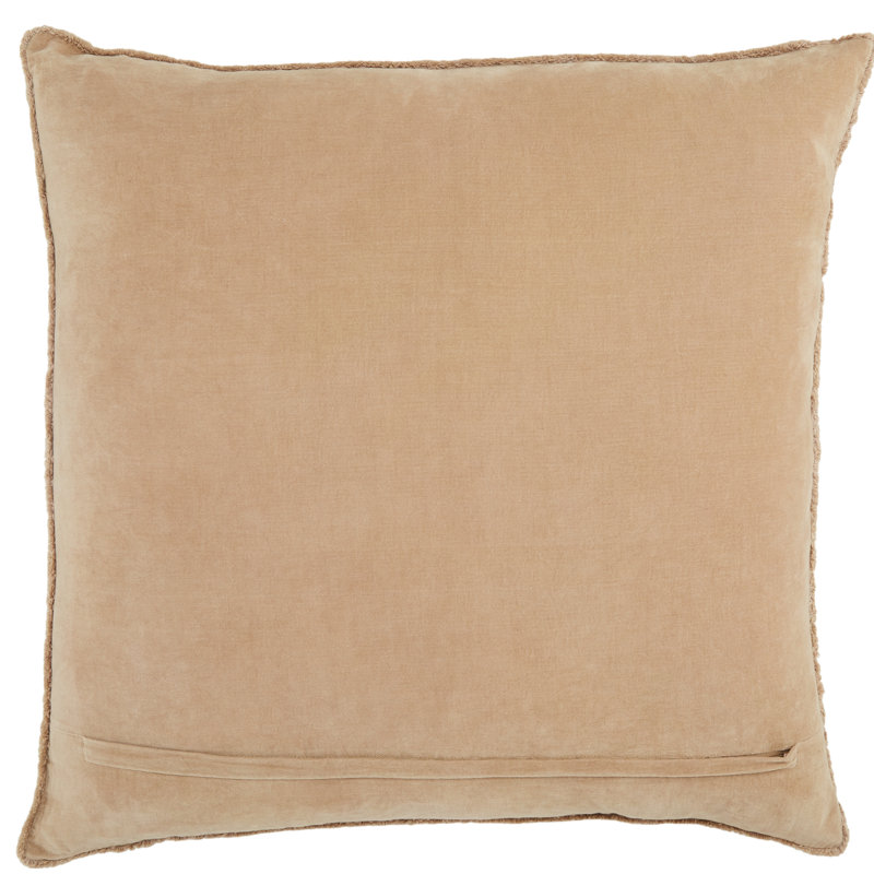 Tan Cotton Square Embroidered Throw Pillow with Fringed Edges