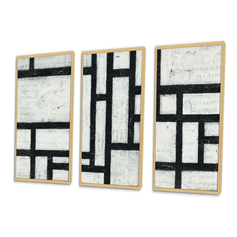 Labyrinthe noir et blanc géométrique - ensemble d'art moderne encadré sur toile Mid-Century, H 20 po x l 36 po