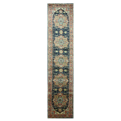 2'6"x11'5" Navy Blue, Heriz with Geometric Medallions Design, Natural Dyes, Hand Knotted, Soft Pile, Hand Spun New Zealand Wool, Runner, Oriental Rug