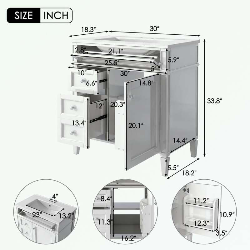 Bathroom Vanity with Top Sink, 2 Drawers and a Tip-out Drawer, White