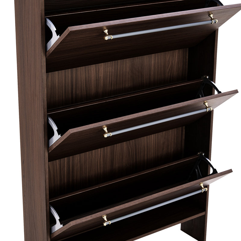 Freestanding Shoe Cabinet With 3 Flip Drawers. Living Room Storage. Solid , Walnut Finish, Metal Handles Drawers For Porch. Construction, Color.