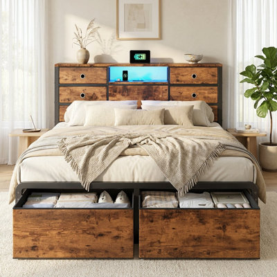 Multifunctional Storage Bed Frame with 6 Headboard Drawers, RGB Lighting & USB/Type-C Charging Hub