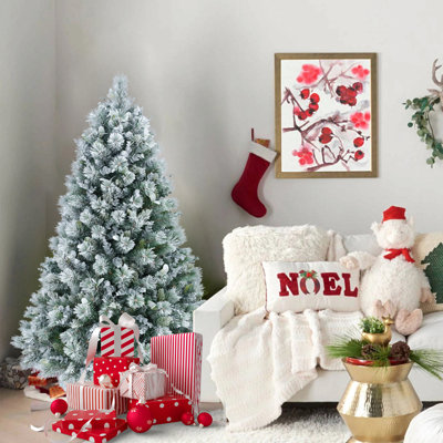 Arbre de Noël enneigé 4 pi avec aiguilles de pin et feuilles d'eucalyptus, 404 pointes, branches articulées, support en métal - arbre artificiel enneigé pour la maison de vacances, le bureau ou l'hiver