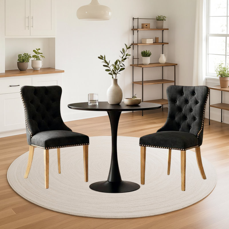 Dining Table Set,  24" Round Dining Table And 2 Velvet Dining Chairs With Gold-plated Legs, Black, Black