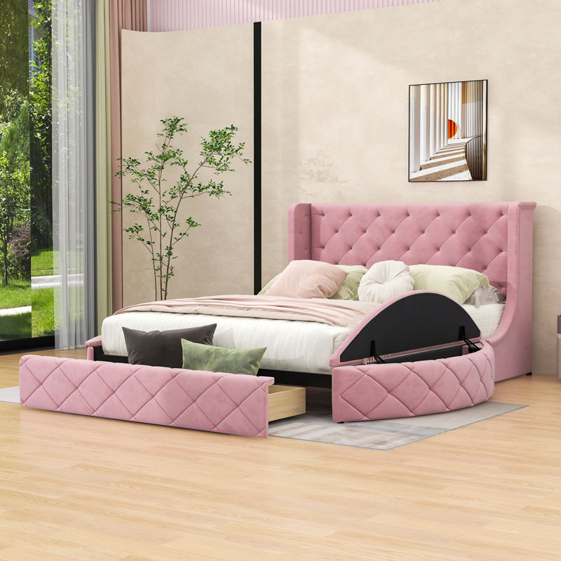 Grand lit plateforme tapissier en velours avec tête de lit à oreilles, grand tiroir et 2 repose-pieds latéraux - rose, Rose
