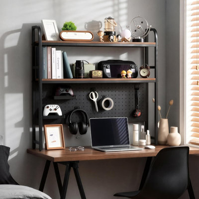 Étagère de bureau, huche de bureau avec panneau perforé en métal, support de présentation à 2 niveaux, 4 accessoires, organisateur de rangement de bibliothèque de bureau polyvalent