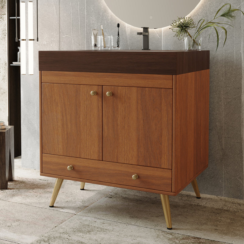 Meuble-lavabo autoportant classique de 30 po avec plateau en pierre frittée, lavabo en céramique blanche et pieds dorés, armoire de rangement