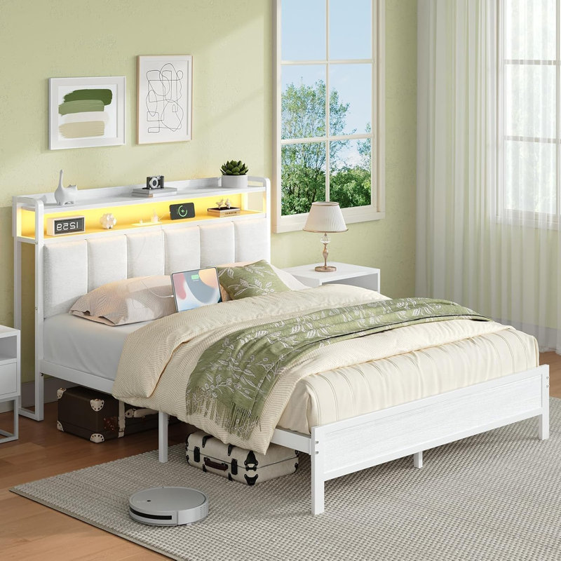 Bed Frame with Storage Headboard, Upholstered Platform Bed with Charging Station and LED Lights, Heavy Duty Metal Slats, Full