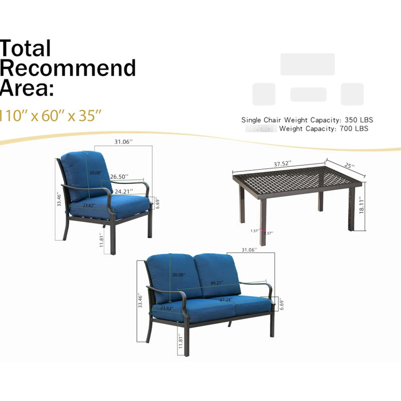 Vintage Patio Conversation - Structure en métal avec coussins épaissis pour l'extérieur, table et chaises