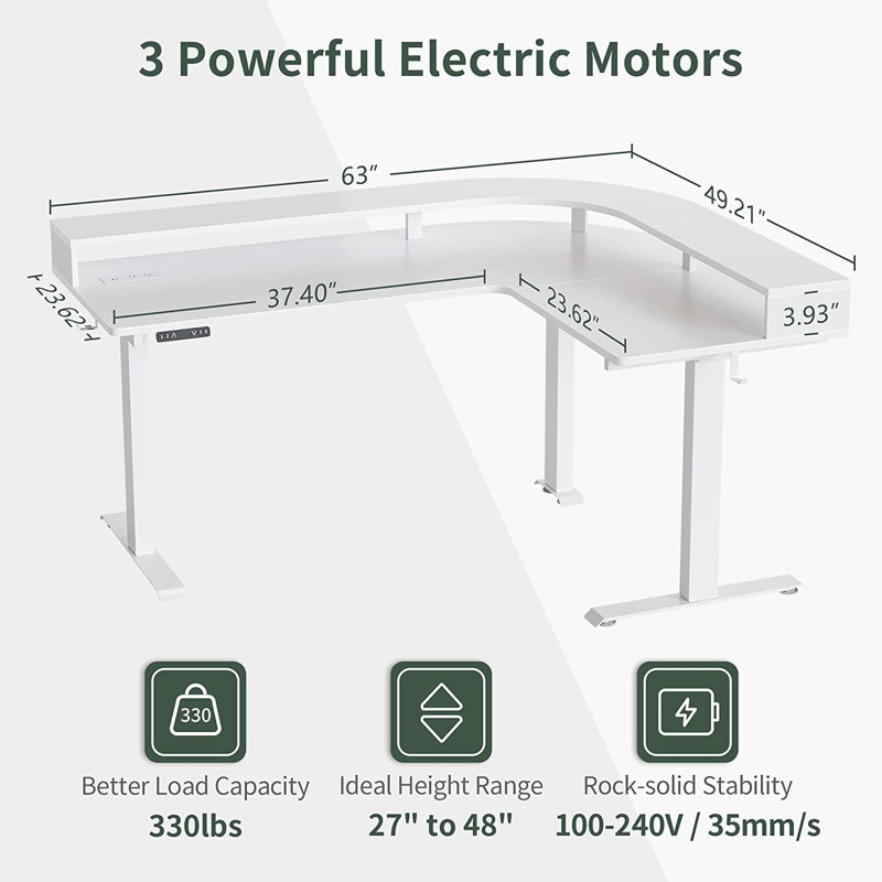 Adjustable L-Shaped Metal Base Writing Desk with Power Outlet, White